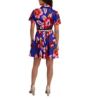 Kensie Floral Print Textured Stretch Taffeta Shirt Dress