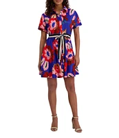 Kensie Floral Print Textured Stretch Taffeta Shirt Dress