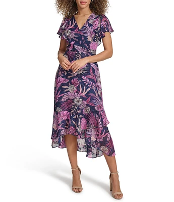 Kensie Floral Print V-Neck Flutter Sleeve Asymmetrical Ruffle Hem Midi Dress