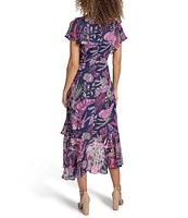 Kensie Floral Print V-Neck Flutter Sleeve Asymmetrical Ruffle Hem Midi Dress