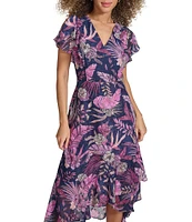 Kensie Floral Print V-Neck Flutter Sleeve Asymmetrical Ruffle Hem Midi Dress