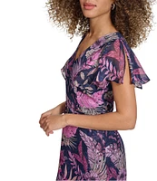 Kensie Floral Print V-Neck Flutter Sleeve Asymmetrical Ruffle Hem Midi Dress