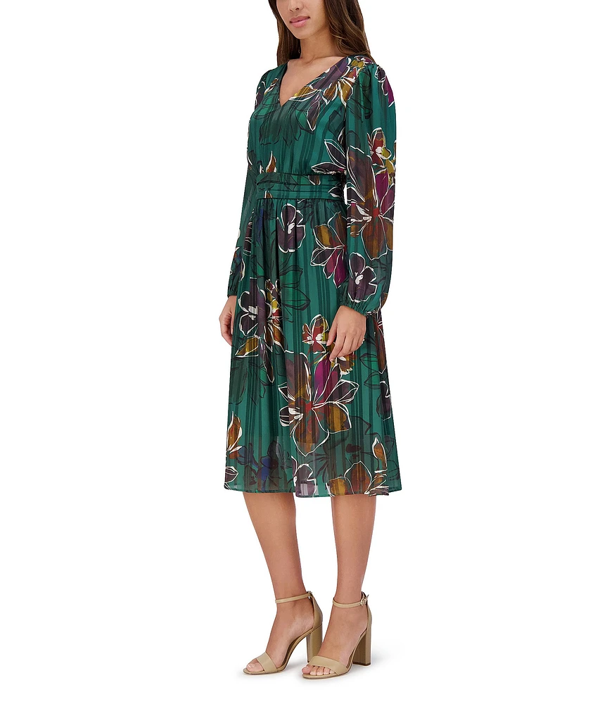 Kensie Floral Sateen V-Neck Long Sleeve Midi Dress