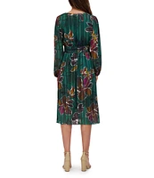 Kensie Floral Sateen V-Neck Long Sleeve Midi Dress