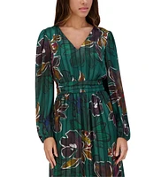 Kensie Floral Sateen V-Neck Long Sleeve Midi Dress