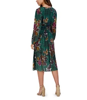 Kensie Floral Sateen V-Neck Long Sleeve Midi Dress