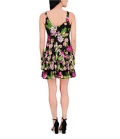 Kensie Floral Stretch Lace Square Neck Sleeveless Ruffle Tiered Fit & Flare Mini Dress