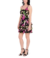 Kensie Floral Stretch Lace Square Neck Sleeveless Ruffle Tiered Fit & Flare Mini Dress
