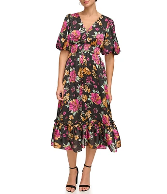 Kensie Floral Print V-Neck Short Puffed Sleeve Flounce Hem Maxi Dress