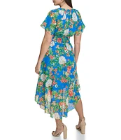 Kensie Floral V Neckline Short Sleeve Smocked Waist Asymmetrical Hem Midi Dress