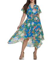 Kensie Floral V Neckline Short Sleeve Smocked Waist Asymmetrical Hem Midi Dress