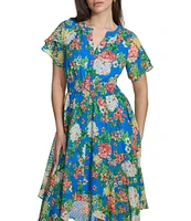 Kensie Floral V Neckline Short Sleeve Smocked Waist Asymmetrical Hem Midi Dress