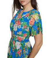 Kensie Floral V Neckline Short Sleeve Smocked Waist Asymmetrical Hem Midi Dress