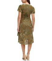 Kensie Floral Velvet Burnout Surplice V-Neck Short Flutter Sleeve Flutter Hem Faux Wrap Dress