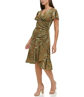 Kensie Floral Velvet Burnout Surplice V-Neck Short Flutter Sleeve Flutter Hem Faux Wrap Dress