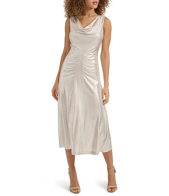 Kensie Foil Knit Cowl Neck Sleeveless Drape Back Sheath Dress