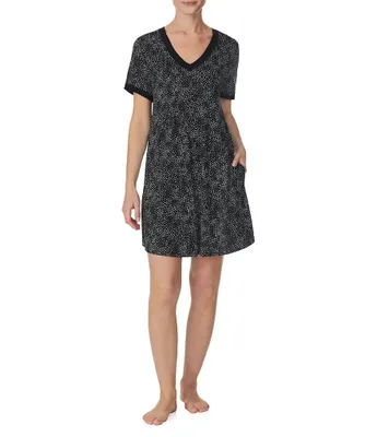 Kensie Jersey Knit Dotted Short Sleeve V-Neck Nightshirt