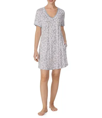 Kensie Jersey Knit Falling Petals Floral Short Sleeve V-Neck Nightshirt