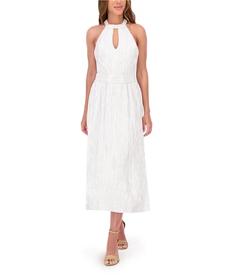 Kensie Keyhole Neck Foiled Pleated Jersey Midi Dress