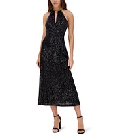 Kensie Keyhole Neck Sleeveless Sequined Mesh A-Line Midi Dress