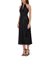 Kensie Keyhole Neck Sleeveless Sequined Mesh A-Line Midi Dress