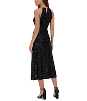 Kensie Keyhole Neck Sleeveless Sequined Mesh A-Line Midi Dress