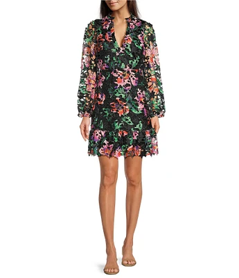 Kensie Lace Floral Print V-Neck Collar Long Sleeve Shirt Mini Dress