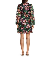 Kensie Lace Floral Print V-Neck Collar Long Sleeve Shirt Mini Dress