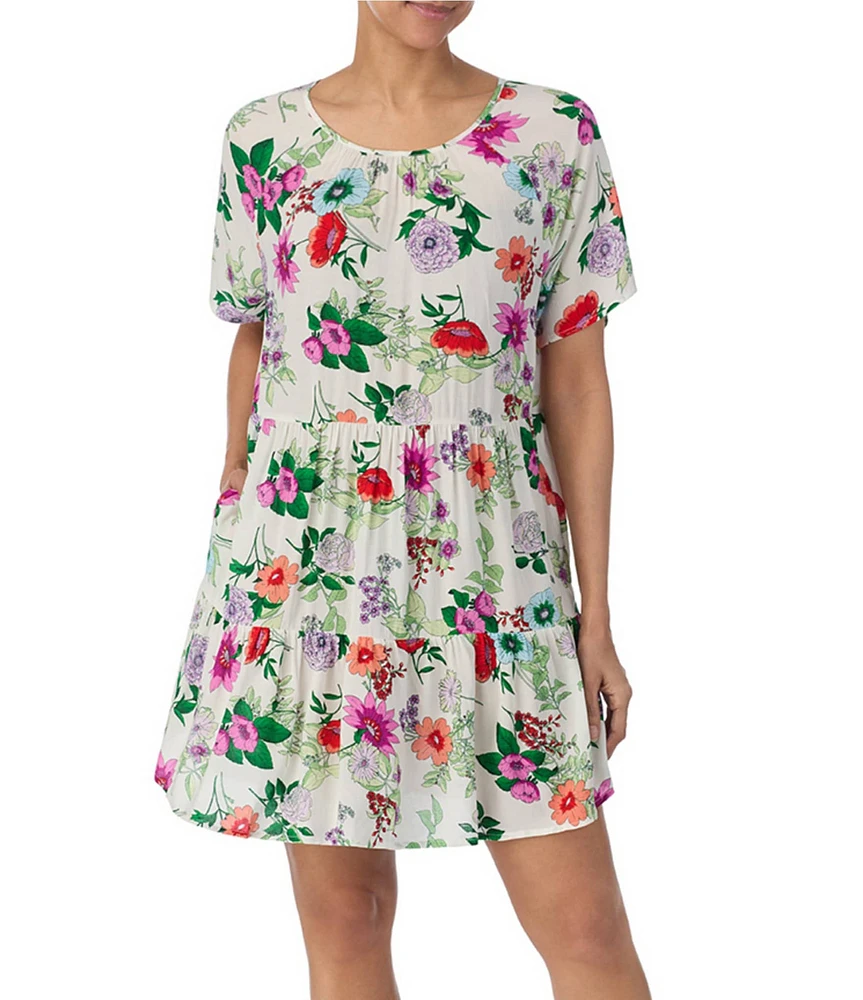 Kensie Large Floral Print Woven Short Sleeve Round Neck Sleep Dress