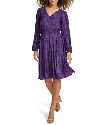 Kensie Long Puffed Sleeve Pleated Knit V-Neck Smocked Waist A-Line Dress