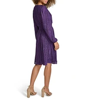 Kensie Long Puffed Sleeve Pleated Knit V-Neck Smocked Waist A-Line Dress