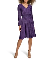 Kensie Long Puffed Sleeve Pleated Knit V-Neck Smocked Waist A-Line Dress