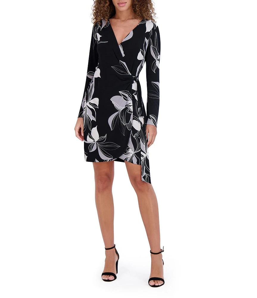 Kensie Long Sleeve Abstract Floral Jersey Faux Wrap Dress