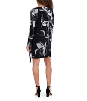 Kensie Long Sleeve Abstract Floral Jersey Faux Wrap Dress