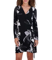 Kensie Long Sleeve Abstract Floral Jersey Faux Wrap Dress