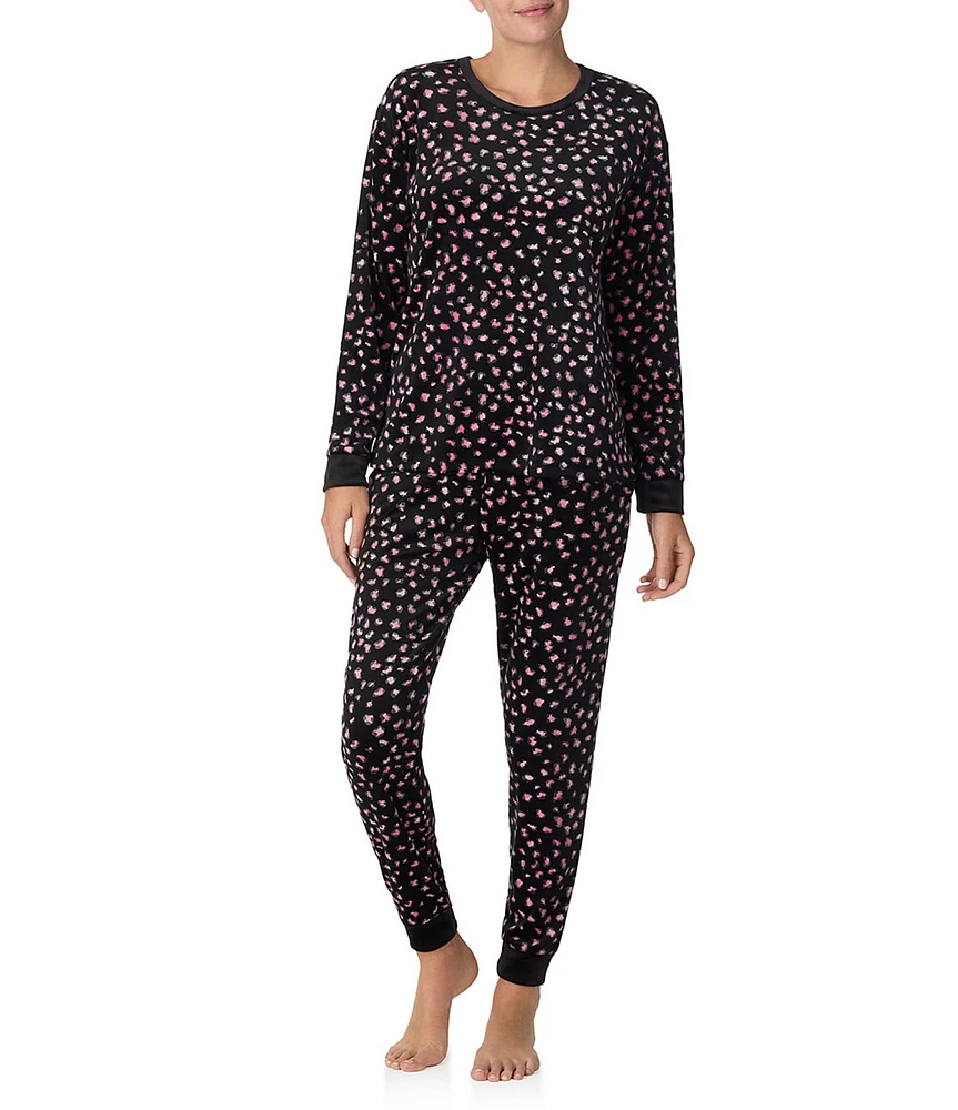 Kensie Long Sleeve Round Neck Stretch Velour Animal Print Pajama Set