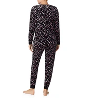 Kensie Long Sleeve Round Neck Stretch Velour Animal Print Pajama Set