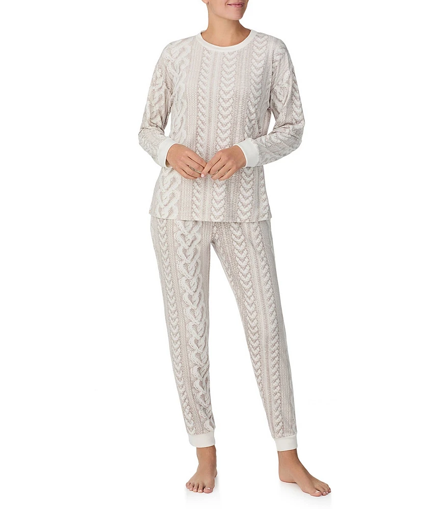 Kensie Long Sleeve Round Neck Stretch Velour Cable Knit Print Holiday Pajama Set