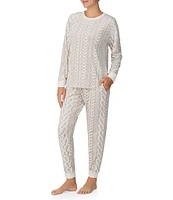 Kensie Long Sleeve Round Neck Stretch Velour Cable Knit Print Holiday Pajama Set