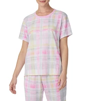 Kensie Marsh Plaid Print Short Sleeve Knit Coordinating Sleep Top