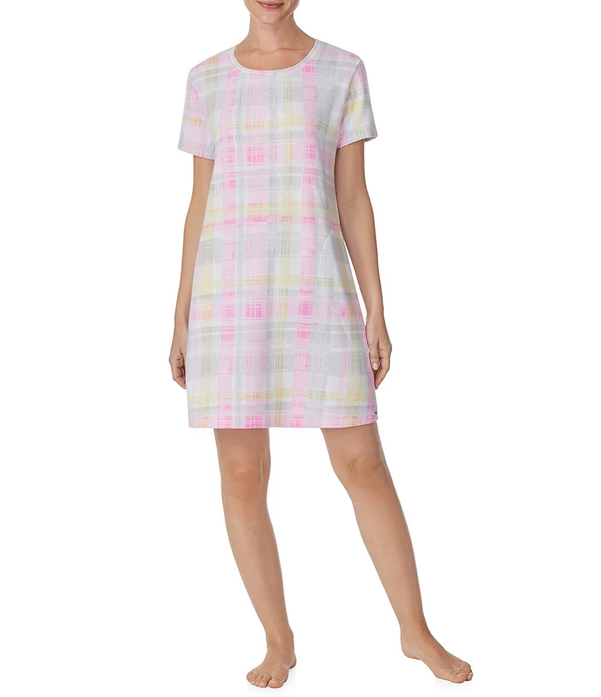 Kensie Marsh Plaid Print Short Sleeve Knit Sleepshirt