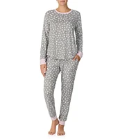 Kensie Marshmallow Jersey Long Sleeve Round Neck Heart Print Jogger Pajama set