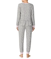 Kensie Marshmallow Jersey Long Sleeve Round Neck Heart Print Jogger Pajama set