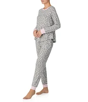 Kensie Marshmallow Jersey Long Sleeve Round Neck Heart Print Jogger Pajama set