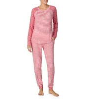 Kensie Marshmallow Jersey Long Sleeve Round Neck Jogger Striped Pajama set