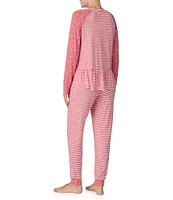 Kensie Marshmallow Jersey Long Sleeve Round Neck Jogger Striped Pajama set