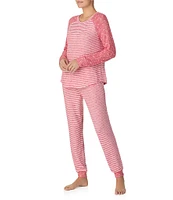 Kensie Marshmallow Jersey Long Sleeve Round Neck Jogger Striped Pajama set