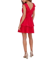 Kensie Matte Satin V-Neck Sleeveless Shoulder Bow Tiered Hem Fit & Flare Dress