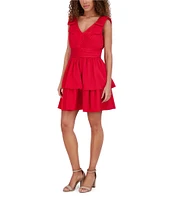 Kensie Matte Satin V-Neck Sleeveless Shoulder Bow Tiered Hem Fit & Flare Dress