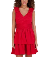 Kensie Matte Satin V-Neck Sleeveless Shoulder Bow Tiered Hem Fit & Flare Dress